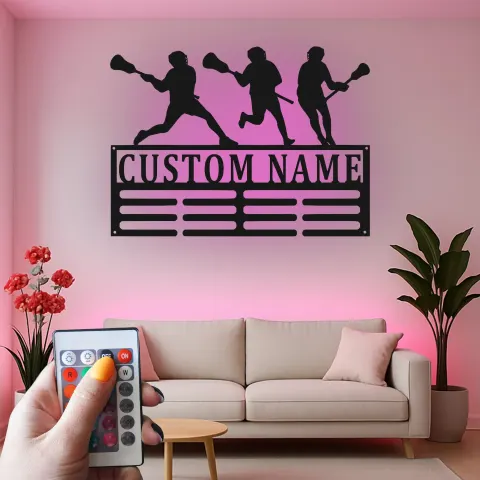 Vue alternative de Panneau joueur de crosse personnalisé | Décoration murale LED en métal personnalisée | Déco chambre athlète | Cadeau équipe de crosse