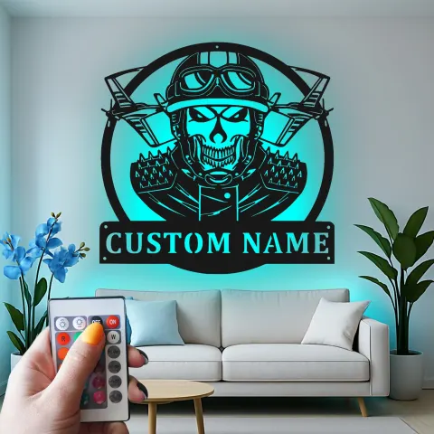 Custom Skull Fighter Pilot Metal Sign | Personalized LED Aviation Wall Art | Military Man Cave Decor | Gift for Him alternate view