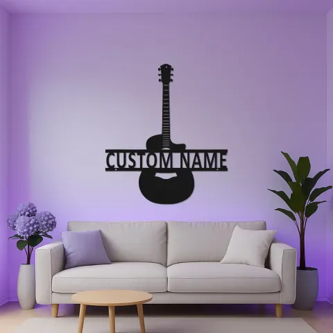 Vista alternativa di Insegna LED personalizzata a forma di chitarra | Arte murale con nome del musicista | Decorazione in metallo per studio musicale | Regalo per chitarristi