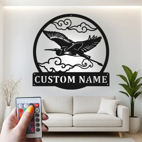 Personalized Heron LED Sign | Custom Metal Wall Art | Outdoor Garden & Patio Decor | Japandi Nature Lover Gift alternate view