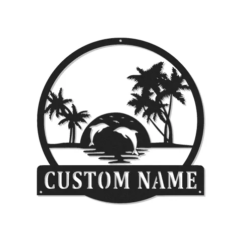 Cartel de metal LED personalizado de atardecer tropical con delfines, regalo para amantes de la playa, decoración costera para sala de estar