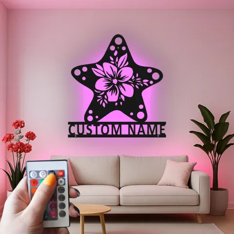 Personalisierte Hibiskus-Sternenfisch-Schild | Individuelle Metall-Wandkunst mit LED | Küsten-Dekor für Strandhäuser & Salonbeschilderung alternative Ansicht