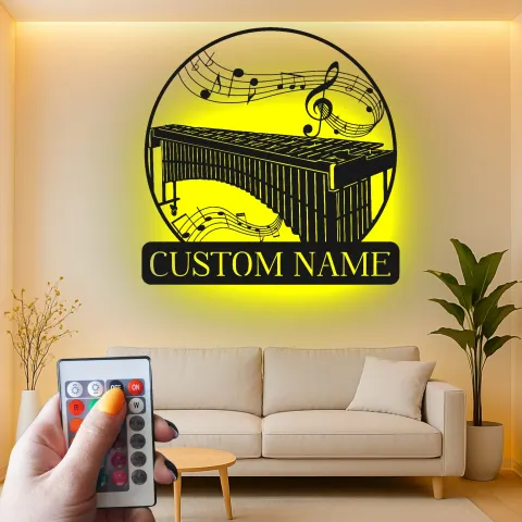 Vue alternative de Art en métal personnalisée pour marimba | Décoration de salle de musique éclairée LED | Enseigne personnalisée pour musicien dans le studio