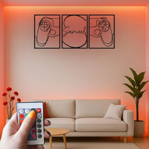 Vue alternative de Panneau personnalisé gamer tag | Décoration murale en métal LED manette de jeu | Déco sur mesure pour salle gaming, streamers et ados