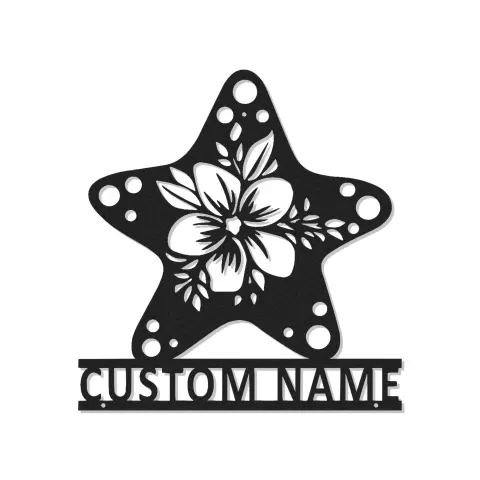 Personalisierte Hibiskus-Sternenfisch-Schild | Individuelle Metall-Wandkunst mit LED | Küsten-Dekor für Strandhäuser & Salonbeschilderung