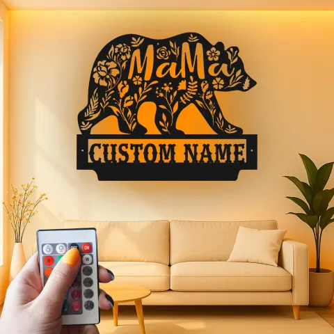 Vue alternative de Décoration murale en métal maman ourse | Panneau LED personnalisé pour chalet de maman | Décor rustique floral animalier