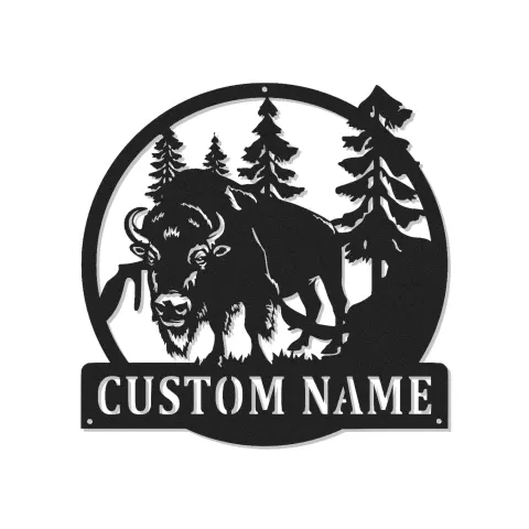 Custom Bison Forest Led Light Metal Wall Art Personalized Wildlife Gift for Nature Lovers Cabin Decor