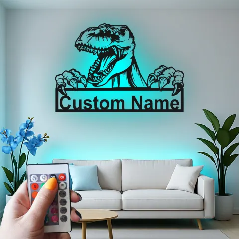 Vue alternative de Décoration murale en métal T-Rex avec lumière LED personnalisée pour un cadeau dinosaure unique