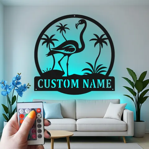 Personalisierte Flamingo LED Tafel | Metall Wandkunst | Tropische Dekoration für Strandhaus & Patio | Individuelles Namensgeschenk alternative Ansicht