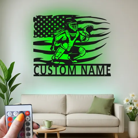 Vista alternativa di Insegna in metallo personalizzata con luce LED per catcher di baseball - Regalo personalizzato per appassionati di baseball e decorazione per stanze sportive 1