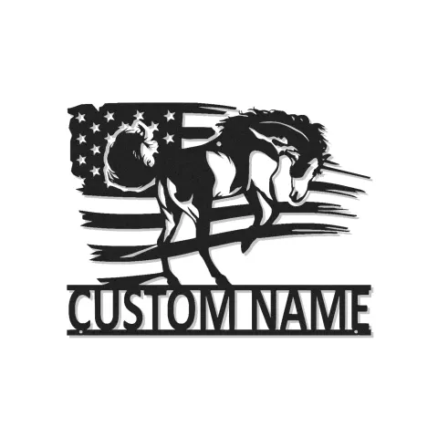 Arte mural LED de metal con caballo personalizado | Cartel con bandera americana patriótica | Regalo ecuestre para decoración de rancho y establo