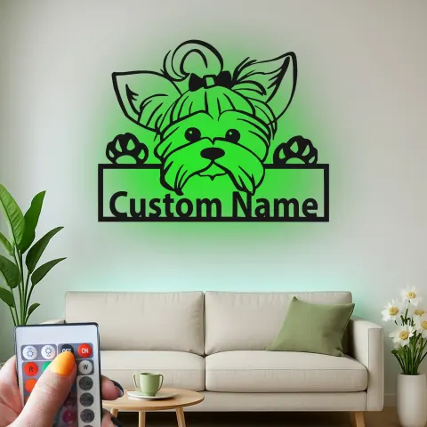 Vista alternativa de Cartel de metal LED personalizado de Yorkshire Terrier, regalo para amantes de los perros, decoración para dormitorio o sala de estar