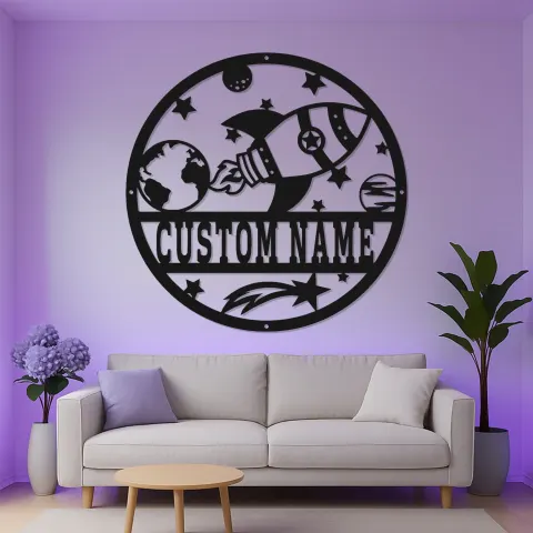 Vista alternativa di Insegna Rocket Ship Personalizzata | Arte Murale in Metallo con Nome Personalizzato | Decorazione LED Spazio per Stanza Bambini | Regalo per Asilo Astronauta