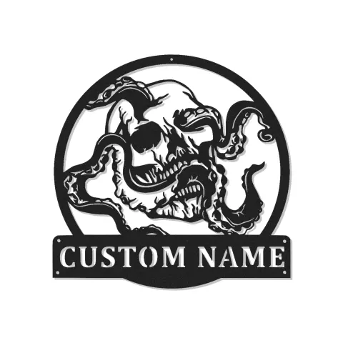 Panneau en métal LED Crâne & Pieuvre | Décoration murale nautique gothique personnalisée | Décor de pirate sur mesure pour salle de loisirs, bar ou studio