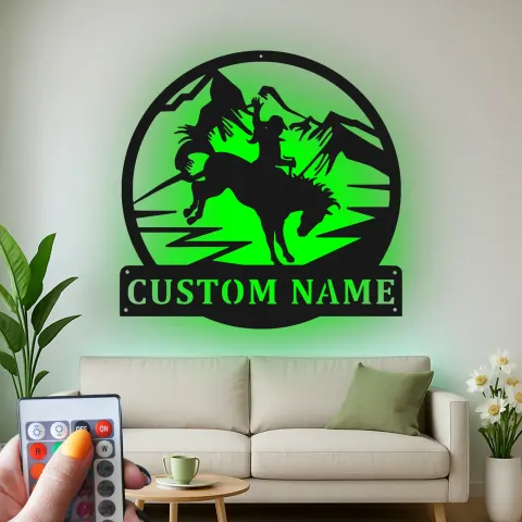 Vista alternativa di Arte murale in metallo Rodeo Cowboy | Insegna personalizzata con LED | Decorazioni rustiche western per ranch e casa