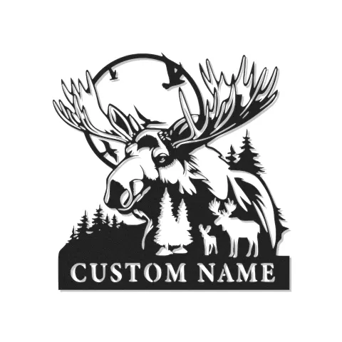Personalisierte Elchfamilien-Schild | LED-beleuchtete Metall-Wandkunst | Rustikales Cabin-Dekor | Personalisierte Lodge-Beschilderung | Geschenk für Naturfreunde