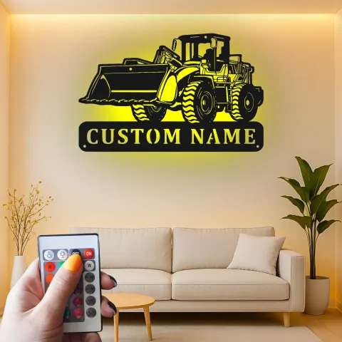 Vue alternative de Décoration murale en métal personnalisée avec bulldozer rétroéclairé - Cadeau personnalisé pour passionné de construction - Décor de garage ou de bureau