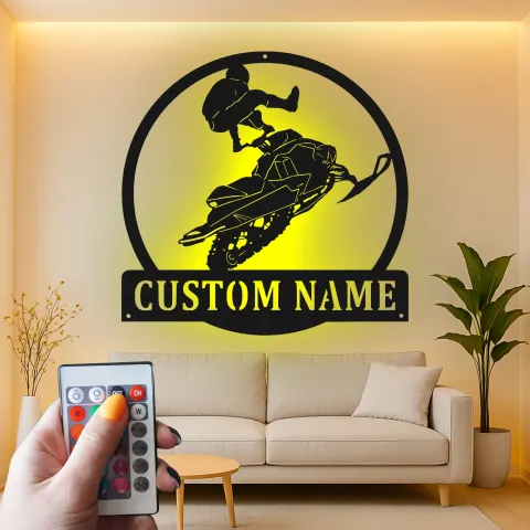 Snowmobile Stunt Rider LED Sign | Personalized Metal Wall Art | Man Cave & Garage Decor | Custom Extreme Sports Gift alternate view
