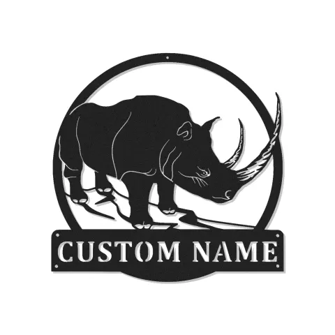 Art Murale en Métal Rhinocéros | Panneau de Nom LED Personnalisé | Décoration Safari Animalière pour Salon ou Bureau | Cadeau Unique pour Amoureux des Animaux