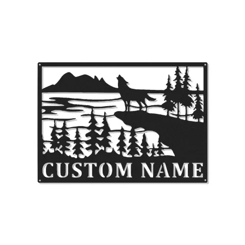 Personalisierte LED-beleuchtete Metall-Wandkunst mit heulendem Wolf-Landschaft – Ein Geschenk für Naturfreunde im Cabin-Stil