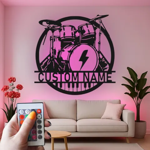 Custom Drum Set Led Light Metal Wall Art Personalized Musician Gift Music Studio or Band Room Decor alternate view