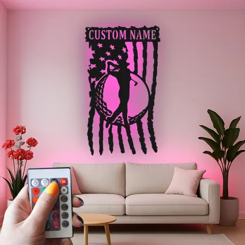 Vista alternativa di Insegna da golf su misura con LED | Arte murale in metallo con nome del golfista | Decorazione man cave con bandiera americana