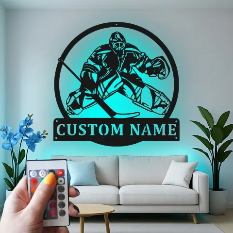 Vista alternativa de Cartel LED de portero de hockey personalizado | Decoración mural de metal personalizada para sala de juegos | Regalo para jugador de hockey sobre hielo | Decoración para cueva del hombre