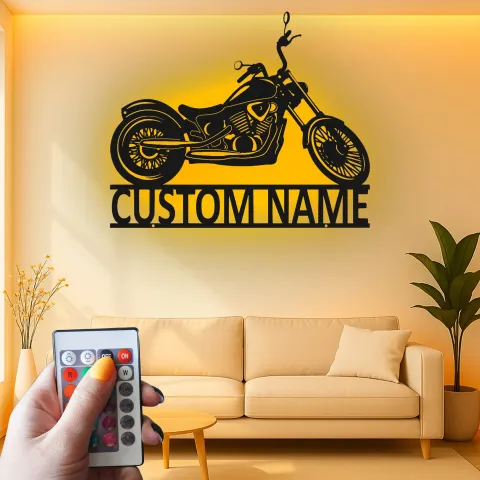 Vue alternative de Décoration murale en métal LED personnalisée pour motocyclistes - Cadeau pour passionnés de moto, décoration de garage ou de man cave