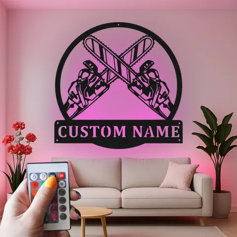 Custom Chainsaw Led Light Metal Wall Art Personalized Gift for Lumberjack Garage or Workshop Decor alternate view