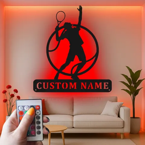 Vista alternativa de Arte mural de metal de jugador de tenis personalizado | Cartel LED personalizado para sala de juegos | Regalo de decoración deportiva para atleta