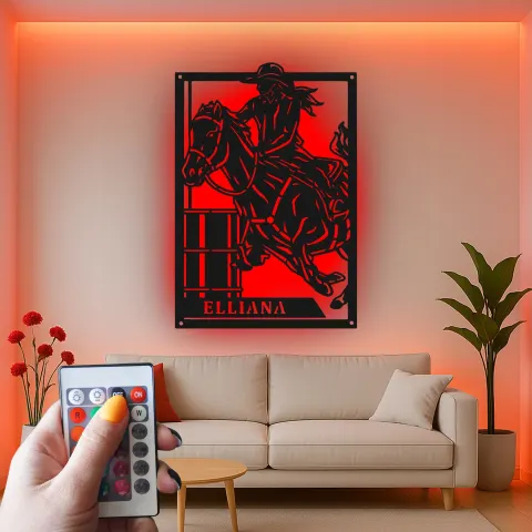 Vue alternative de Décoration murale en métal personnalisée avec rétroéclairage LED de cavalier de baril - Cadeau équestre pour les amoureux des chevaux - Décor western pour la maison