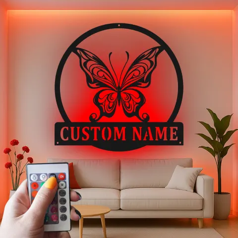 Vue alternative de Décoration murale en métal LED personnalisée en forme de papillon - Cadeau pour les amoureux de la nature pour la chambre ou le salon