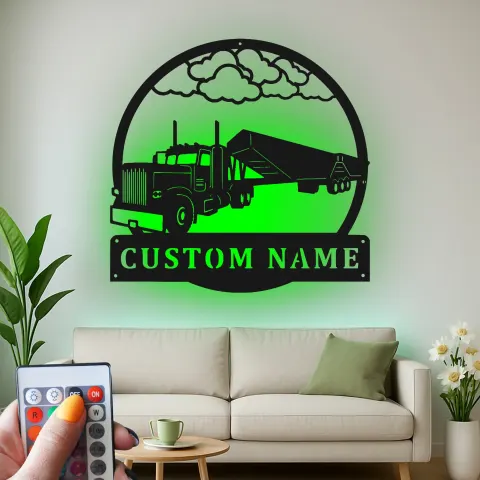Vue alternative de Panneau Métallique de Camion Semi Personnalisé | Art Murale LED pour Garage ou Coin des Hommes | Cadeau Personnalisé pour Camionneurs | Décor Silhouette de Camionneur