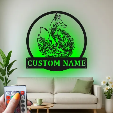 Vista alternativa di Insegna con nome volpe personalizzata | Arte murale LED in metallo per cameretta | Decorazione boschiva con animale su misura | Luce notturna per cameretta