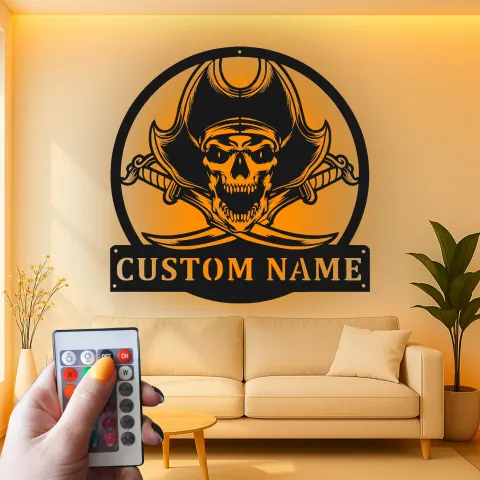 Vista alternativa de Cartel LED Calavera Pirata | Arte Mural de Metal Personalizado | Decoración de Esqueleto Náutico Personalizada para Cueva del Hombre y Bar