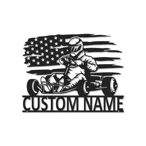 Arte mural LED de metal de piloto de karting | Letrero personalizado con nombre para carreras | Decoración con bandera americana para garaje, cueva del hombre o habitación de niño