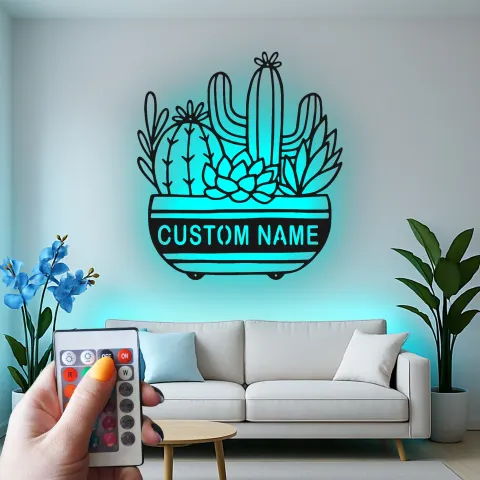 Custom Cactus Succulent Led Light Metal Wall Art Personalized Housewarming Gift Living Room Desert Decor alternate view