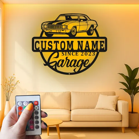 Vista alternativa di Insegna in metallo LED personalizzata per garage con auto muscolare regalo per appassionati di auto decorazione man cave 2