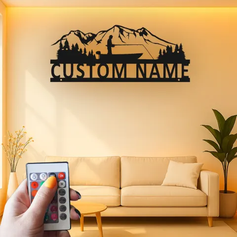 Vue alternative de Décoration murale LED en métal pour pêcheur personnalisée | Plaque au prénom du pêcheur pour maison de lac | Cadeau pour amateur de plein air
