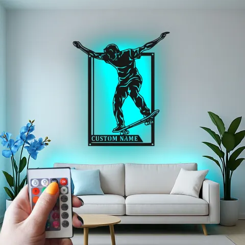 Vue alternative de Panneau LED personnalisé pour skateur | Décoration murale en métal personnalisée | Décor pour chambre d'ado et cave à vin | Cadeau pour skateurs