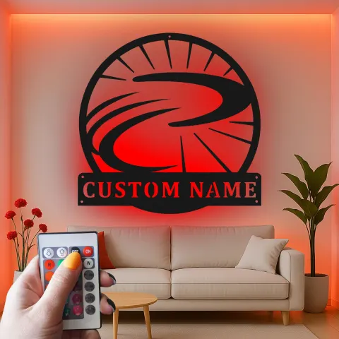Vue alternative de Décoration murale en métal personnalisée de roue de vélo avec rétroéclairage LED - Cadeau personnalisé pour cyclistes - Décor de garage ou de salon