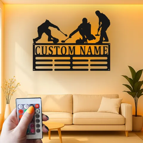 Vista alternativa di Insegna in metallo personalizzata con squadra di curling e luce LED - Regalo sportivo per atleti - Decorazione per sala giochi