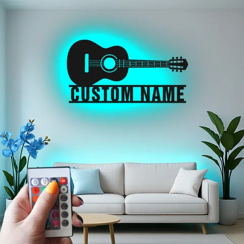 Vue alternative de Enseigne guitare en métal personnalisée avec LED | Décoration murale prénom sur mesure pour studio de musique et cadeau musicien | Décor pour guitariste