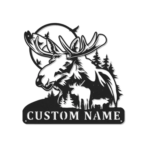 Custom Moose Family LED Metal Sign | Personalized Wildlife Wall Art | Rustic Cabin Decor for Nature Lovers & Hunters