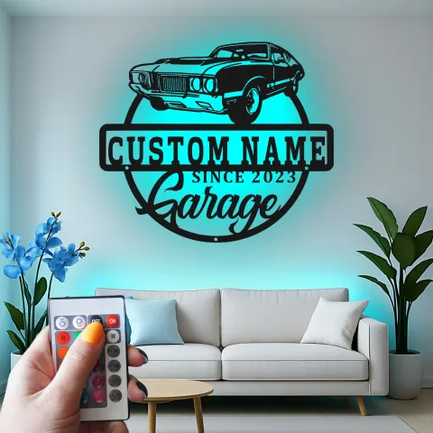 Vue alternative de Décoration murale en métal personnalisée de voiture classique avec rétroéclairage LED - Cadeau de garage pour lui