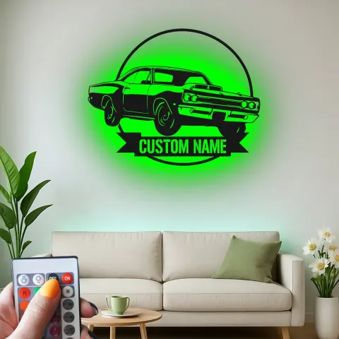 Vista alternativa di Insegna in metallo LED personalizzata per auto sportive - Regalo per appassionati di auto, decorazione per garage o stanza da uomo