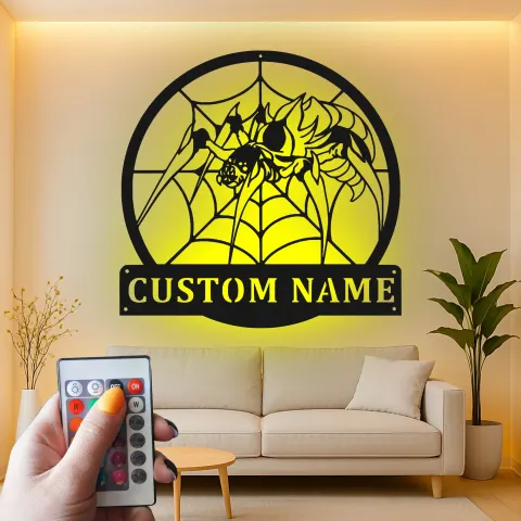 Vista alternativa di Insegna in metallo personalizzata con ragnatela | Arte murale LED personalizzata | Decorazione per man cave gotica e regalo per amanti degli aracnidi