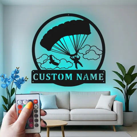 Vista alternativa de Cartel de metal personalizado de paracaidismo con LED | Arte mural de metal con nombre personalizado | Silueta de paracaidista retroiluminada | Regalo para amantes de la aventura