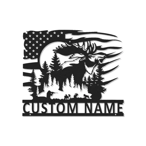 Insegna in metallo personalizzata con alce | Arte da parete faunistica LED con bandiera americana | Decorazione e regalo per cabin di cacciatori
