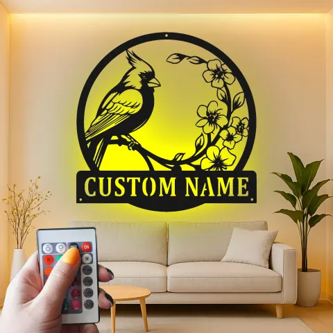 Vue alternative de Décoration murale en métal personnalisée avec lumière LED cardinal et fleurs